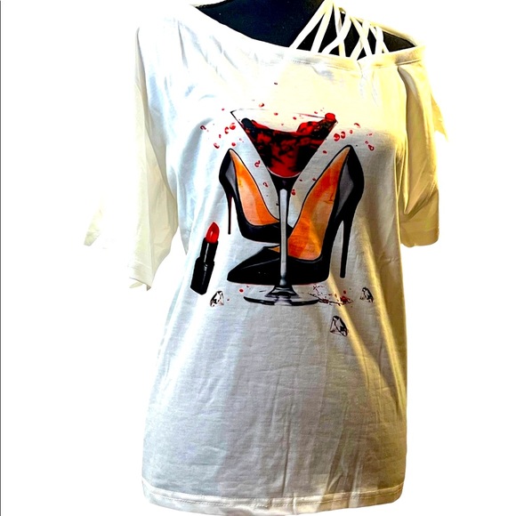 NWT- Women’s Graphic Print Off the Shoulder Lace T-Shirt,Size XL. - Picture 2 of 6